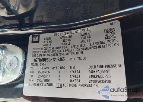 2015 GMC Canyon Sle from USA, damaged, VIN 1GTH6BE30F1252365